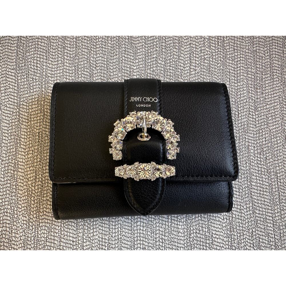 New Jimmy Choo Black Leather Trifold Wallet Crystal Jewel Card Holder Small
